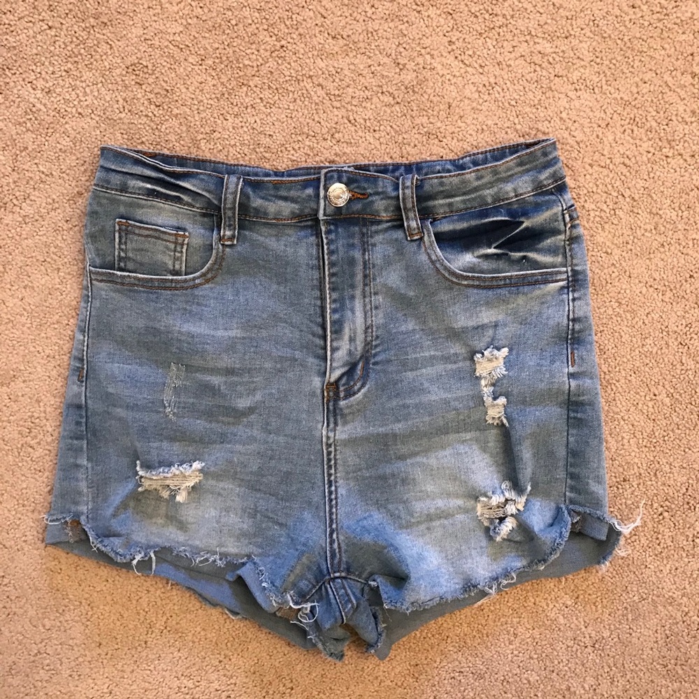 Shein High Waist Denim Shorts Size Small Distressed Blue Festival Grunge Rave